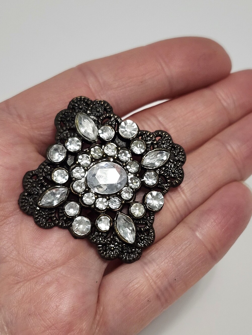 Vintage Crystal Floral Statement Black Brooch